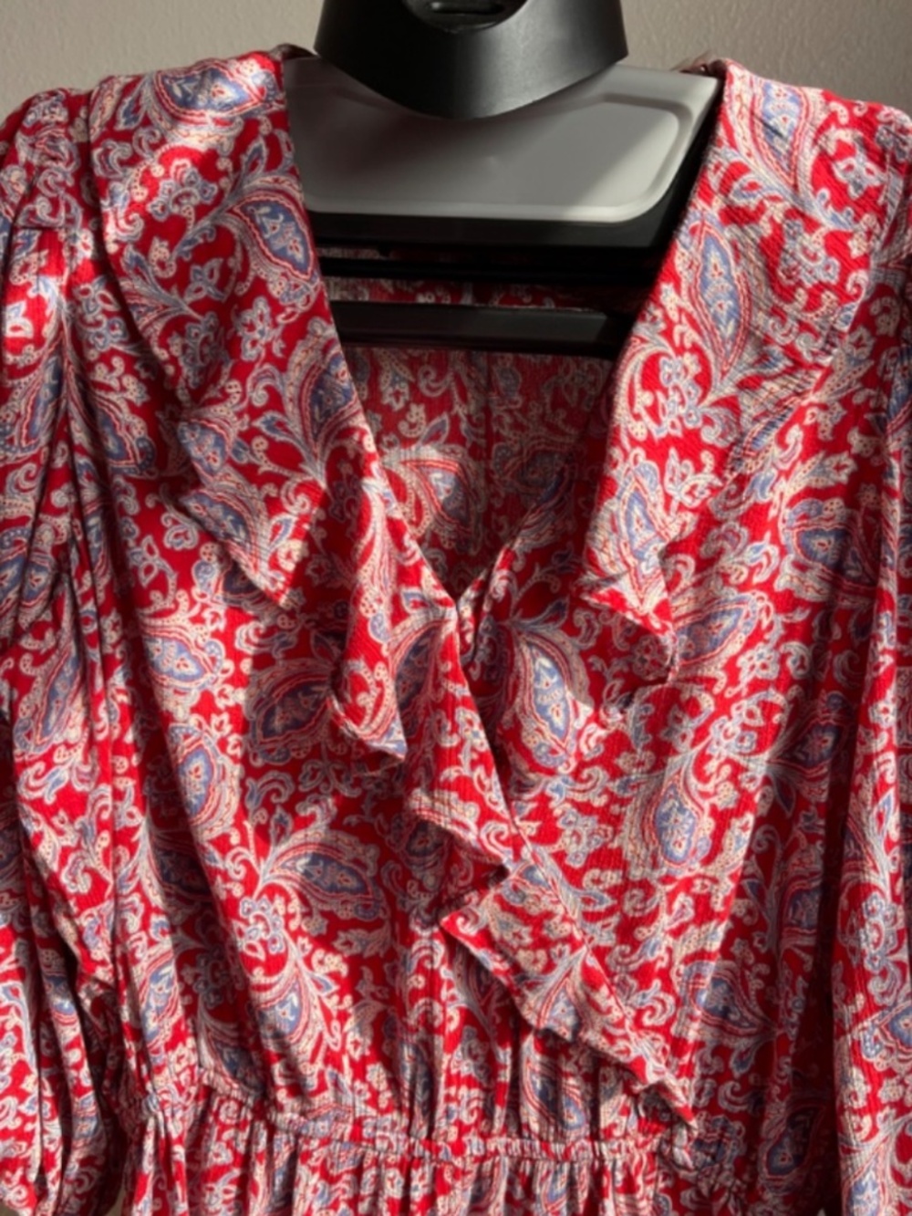 Chaps Boho Paisley Ruffle Neck Peasant Blouse Red Blue Gauze Top - Picture 6 of 9